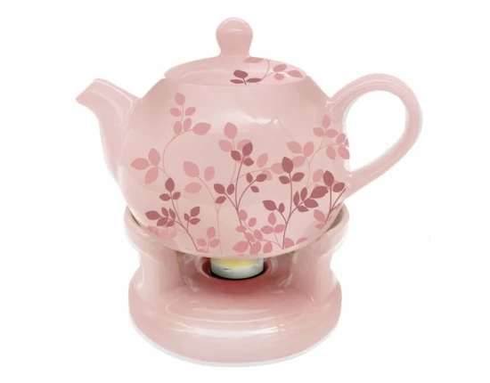 Oro Bianco Ceramics Dzbanek z podgrzewaczem Gałązka Różowy BO-2950