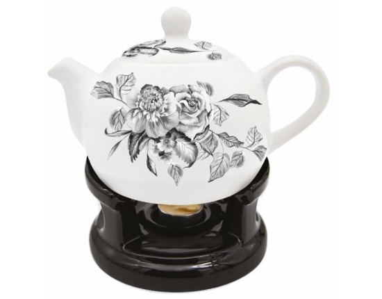 Oro Bianco Ceramics Dzbanek z podgrzewaczem Kwiaty czarne BO-2998