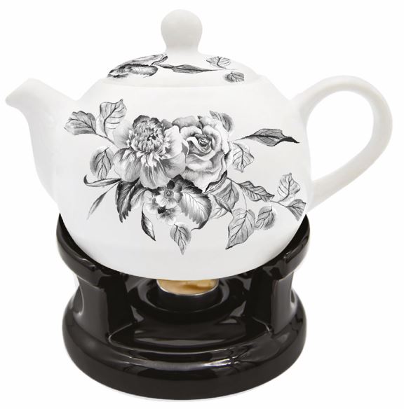 Oro Bianco Ceramics Dzbanek z podgrzewaczem Kwiaty czarne BO-2998 1 Oro Bianco Ceramics Dzbanek z podgrzewaczem Kwiaty czarne BO-2998