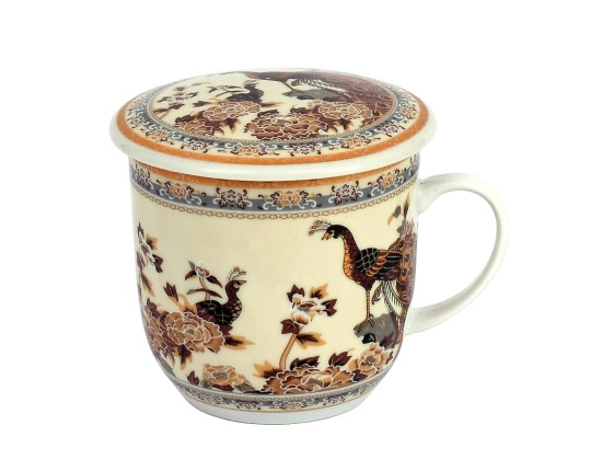 Kubek z porcelany z sitkiem i pokrywką Paw brązowy