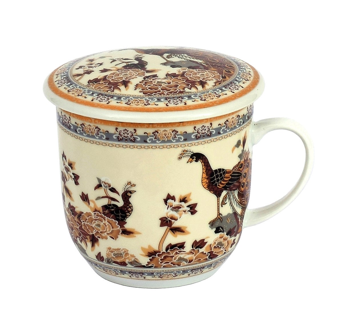 Kubek z porcelany z sitkiem i pokrywką Paw brązowy 1 Kubek z porcelany z sitkiem i pokrywką Paw brązowy