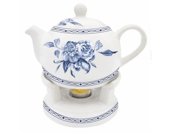 Oro Bianco Ceramics Dzbanek z podgrzewaczem Kwiaty niebieskie BO-2981