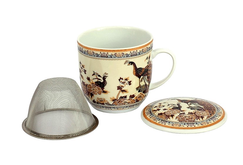 Kubek z porcelany z sitkiem i pokrywką Paw brązowy 2 Kubek z porcelany z sitkiem i pokrywką Paw brązowy - obrazek 2