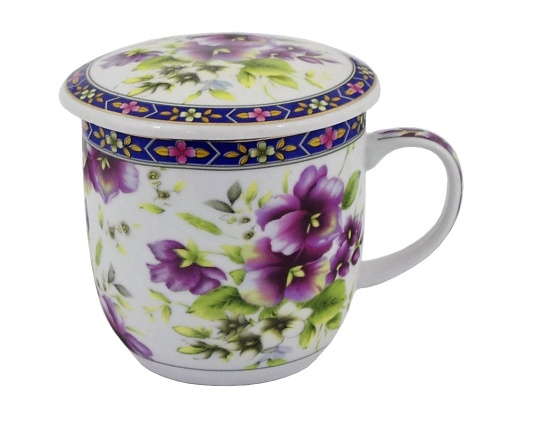 Kubek z porcelany z sitkiem i pokrywką Kwiatki fioletowe