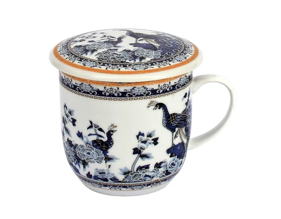 Kubek z porcelany z sitkiem i pokrywką Paw niebieski