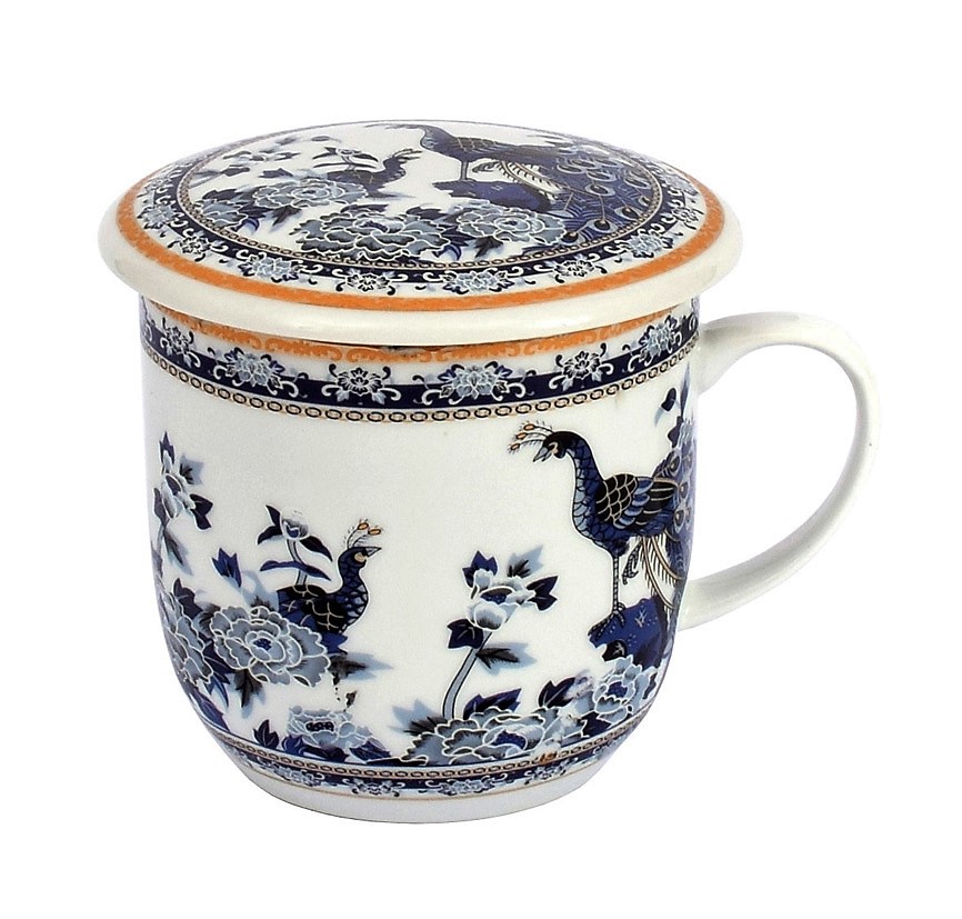 Kubek z porcelany z sitkiem i pokrywką Paw niebieski 1 Kubek z porcelany z sitkiem i pokrywką Paw niebieski