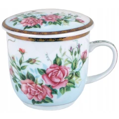Kubek z porcelany z sitkiem i pokrywką Kwiaty 300 ml