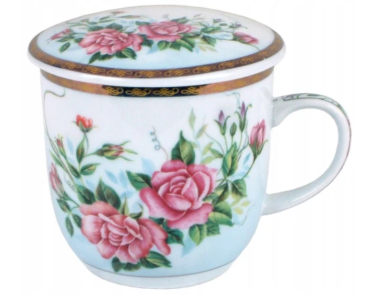 Kubek z porcelany z sitkiem i pokrywką Kwiaty 300 ml