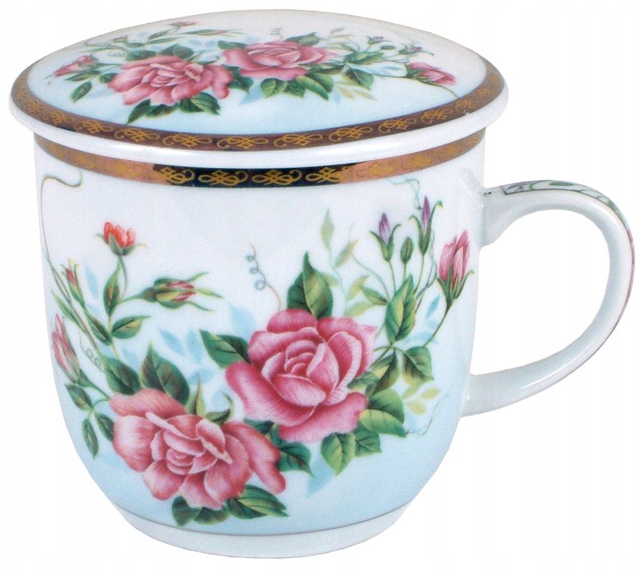 Kubek z porcelany z sitkiem i pokrywką Kwiaty 300 ml 1 Kubek z porcelany z sitkiem i pokrywką Kwiaty 300 ml