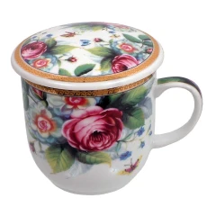 Kubek z porcelany z sitkiem i pokrywką Kwiatki różowe