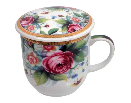 Kubek z porcelany z sitkiem i pokrywką Kwiatki różowe