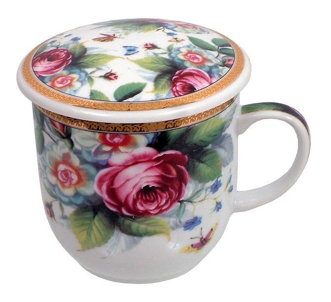 Kubek z porcelany z sitkiem i pokrywką Kwiatki różowe 1 Kubek z porcelany z sitkiem i pokrywką Kwiatki różowe