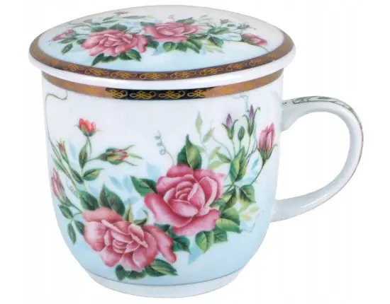 Kubek z porcelany z sitkiem i pokrywką Kwiaty 300 ml